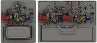 Baugleiche Komponenten im Unterbau der 1-Zylinder-Maschine (links) und 2-Zylinder-Maschine (rechts)